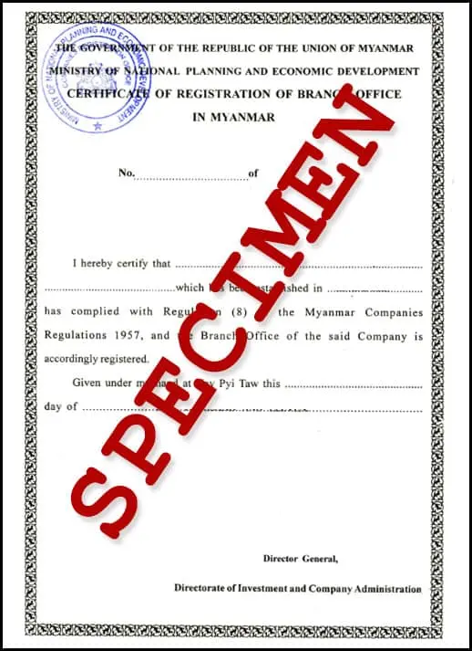 Certificate of Registration of Branch Office (front)