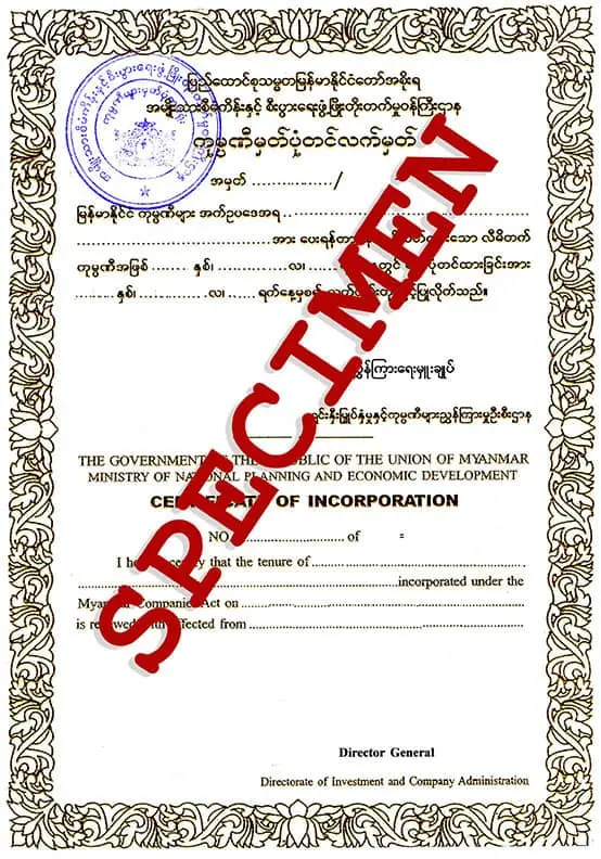 certificate of incorporation for local Company (front)